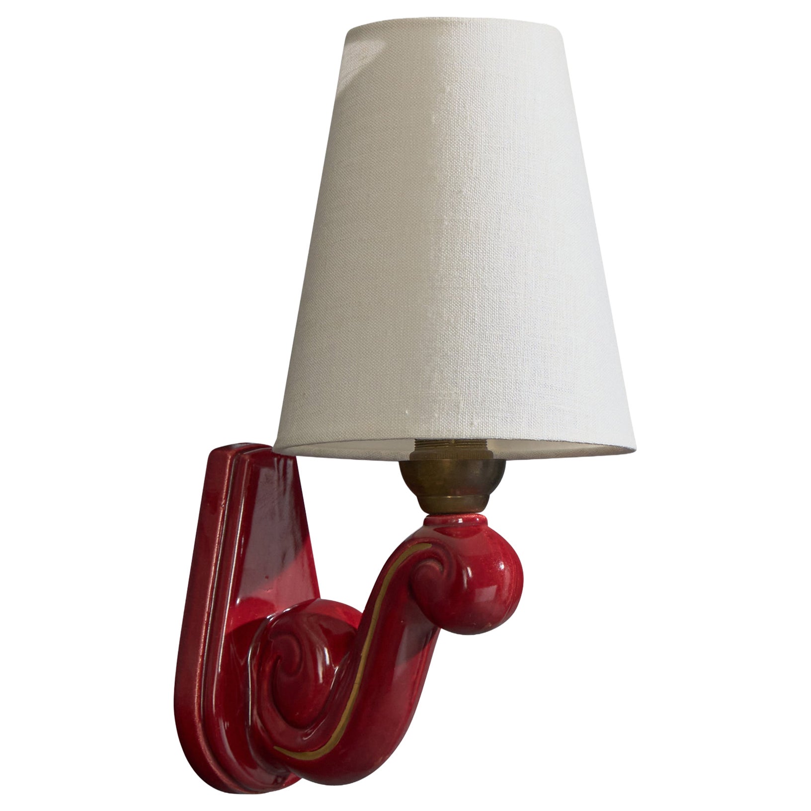 French Designer, Wall Light, Ceramic, Brass, Fabric, France, 1950s