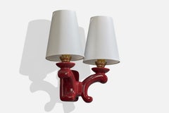 French Designer, Wall Light, Ceramic, Brass, Fabric, France, 1960s