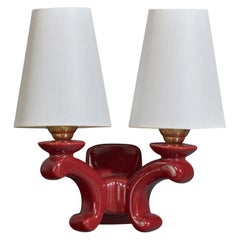 French Designer, Wall Light, Ceramic, Brass, Fabric, France, 1960s