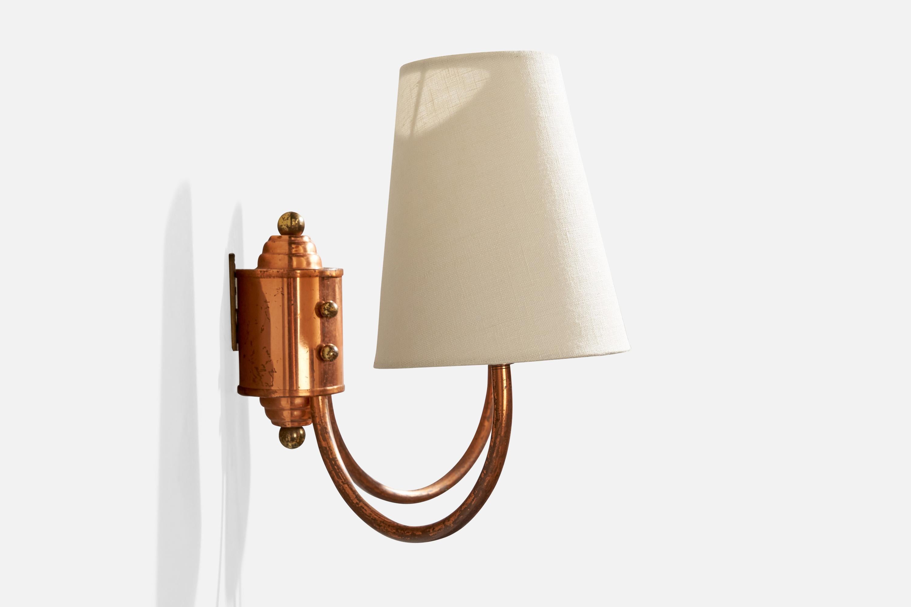 Mid-20th Century French Designer, Wall Light, Copper, Brass, Fabric, France, 1950s For Sale
