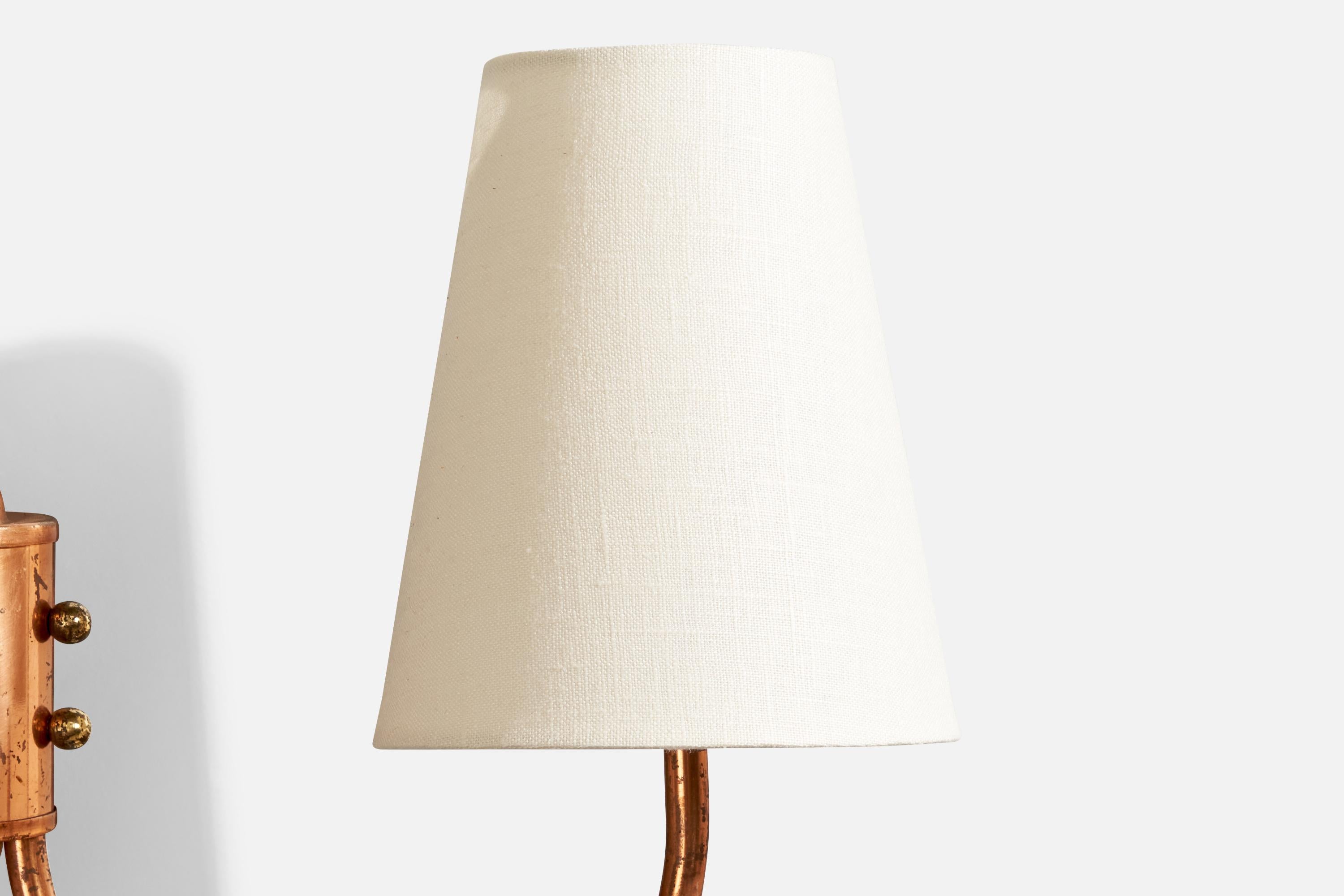 French Designer, Wall Light, Copper, Brass, Fabric, France, 1950s For Sale 4