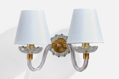 Lampada da parete di design francese, vetro, ottone, tessuto, Francia, anni '50