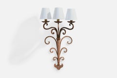 French Designer, Wall Light, Iron, Brass, Fabric, France, 1940s