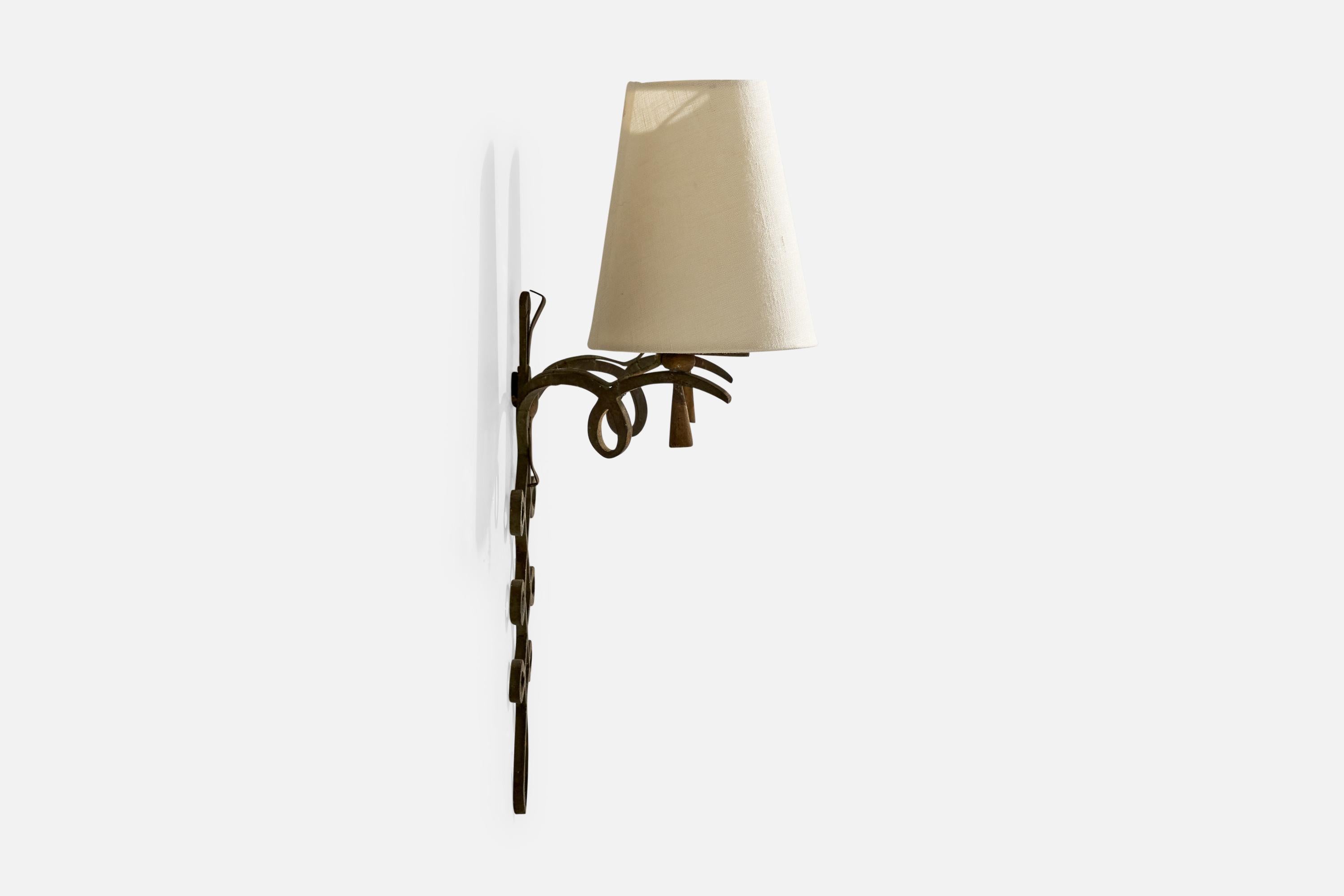 Mid-20th Century French Designer, Wall Light, Iron, Fabric, France, 1940s
