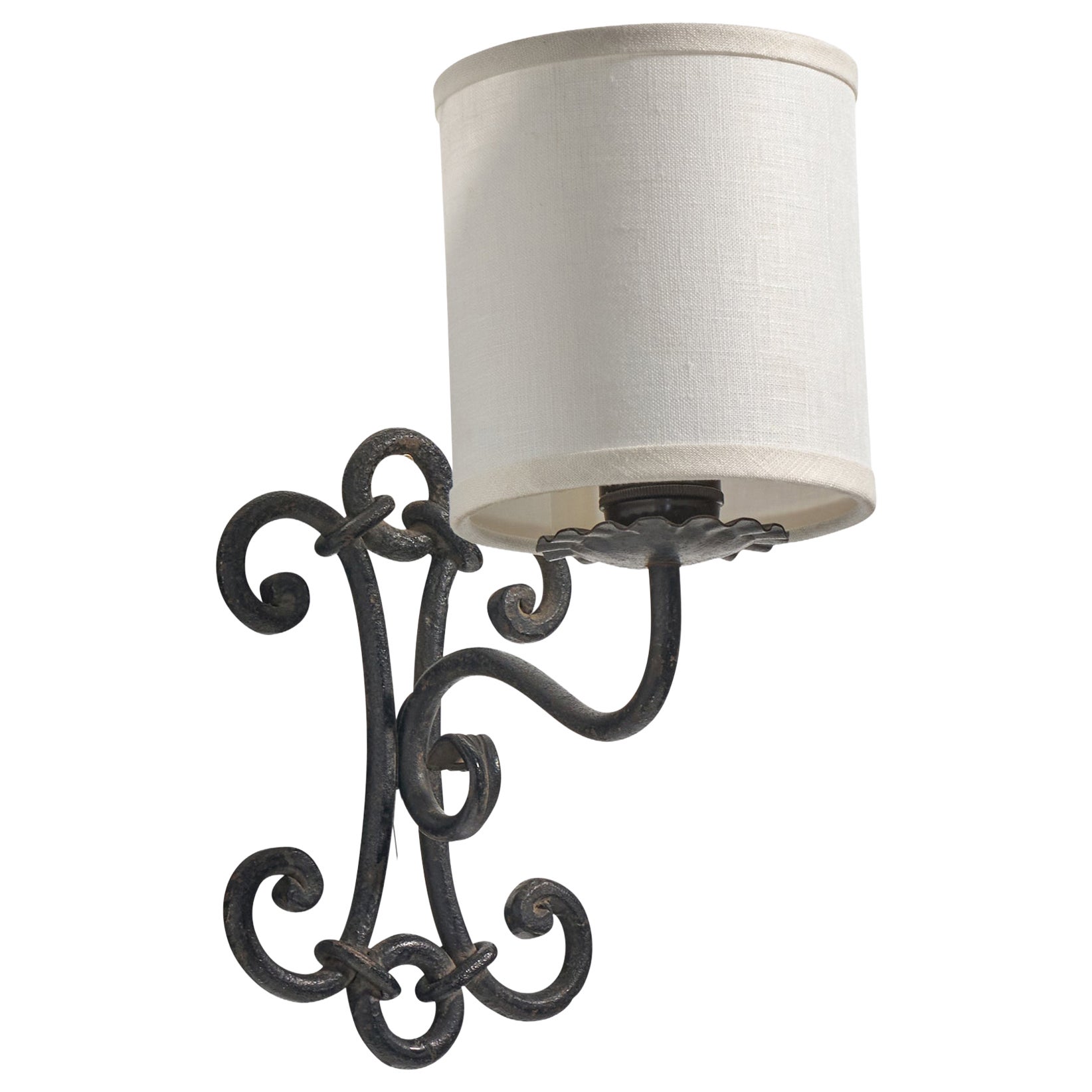 French Designer, Wall Light, Iron, Fabric, France, 1950s For Sale