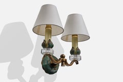French Designer, Wall Light, Metal, Brass, Glass, Fabric, France, 1950s
