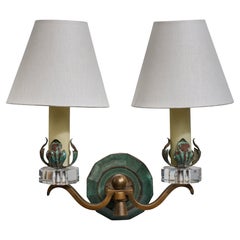 French Designer, Wall Light, Metal, Brass, Glass, Fabric, France, 1950s