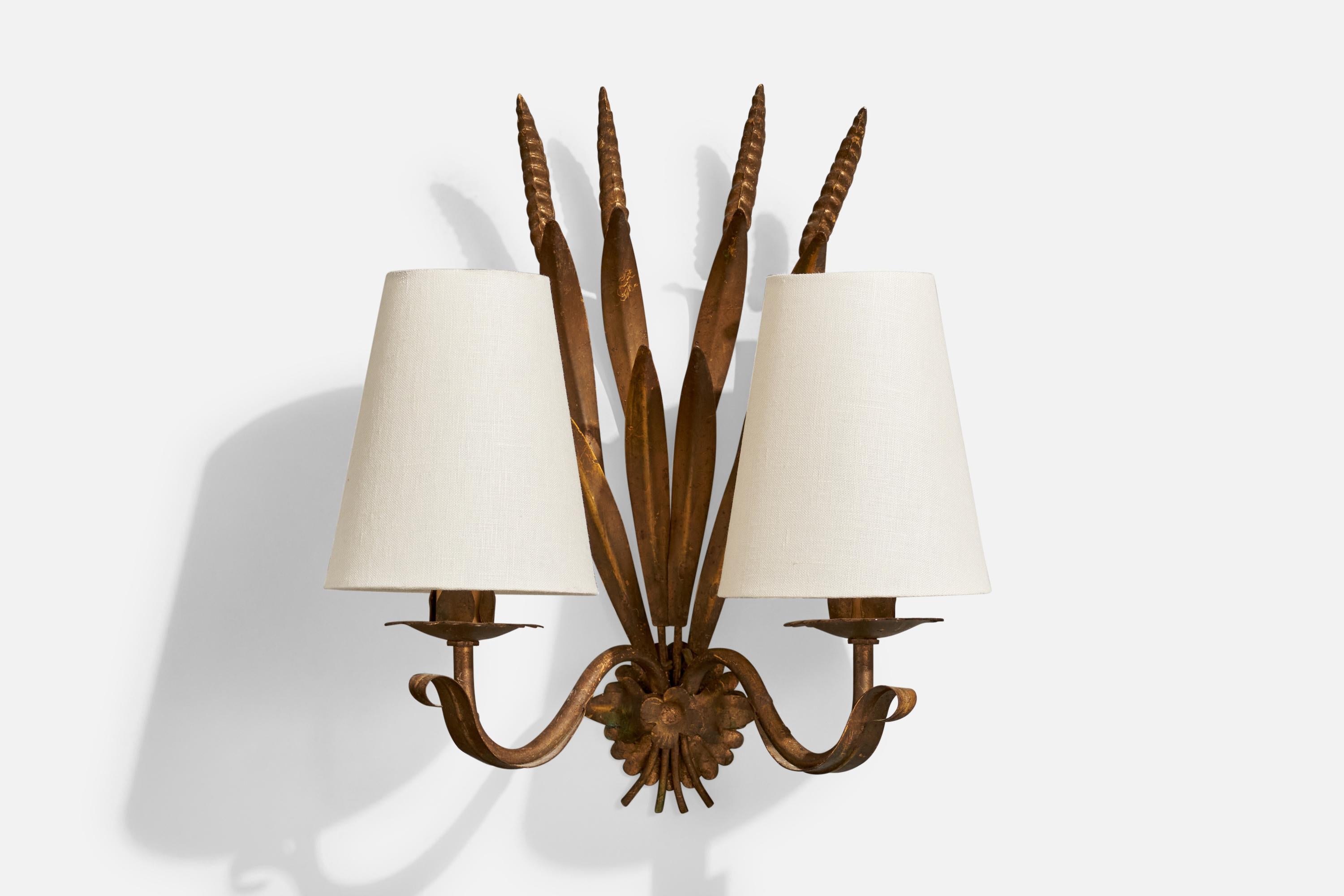 A bronze-painted metal and white fabric wall light designed and produced in France, c. 1940s.

The fixture presents with moderate scratching and heavy oxidation throughout.

Brand new fabric shades.

Overall Dimensions (Inches): 14.25” H x 12.75” W