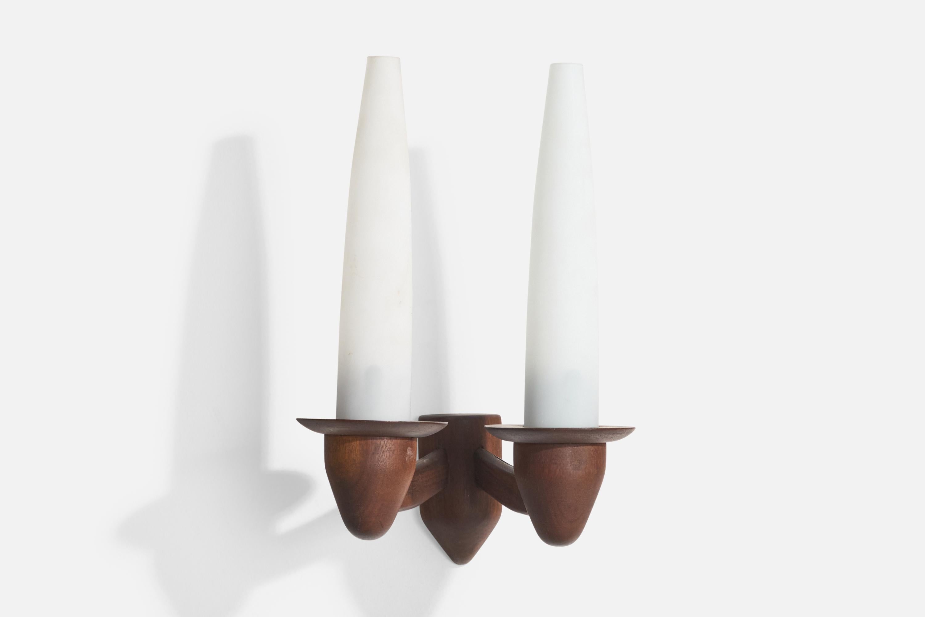 A wood and white opaline glass wall light designed and produced in France, c. 1950s.

Overall Dimensions (Inches): 11.25” H x 7.5” W x 5.5“ D

Back Plate Dimensions (Inches): 3.55” H x 2“ W x 1.125” D

Bulb Specifications: E-14

Number of Sockets