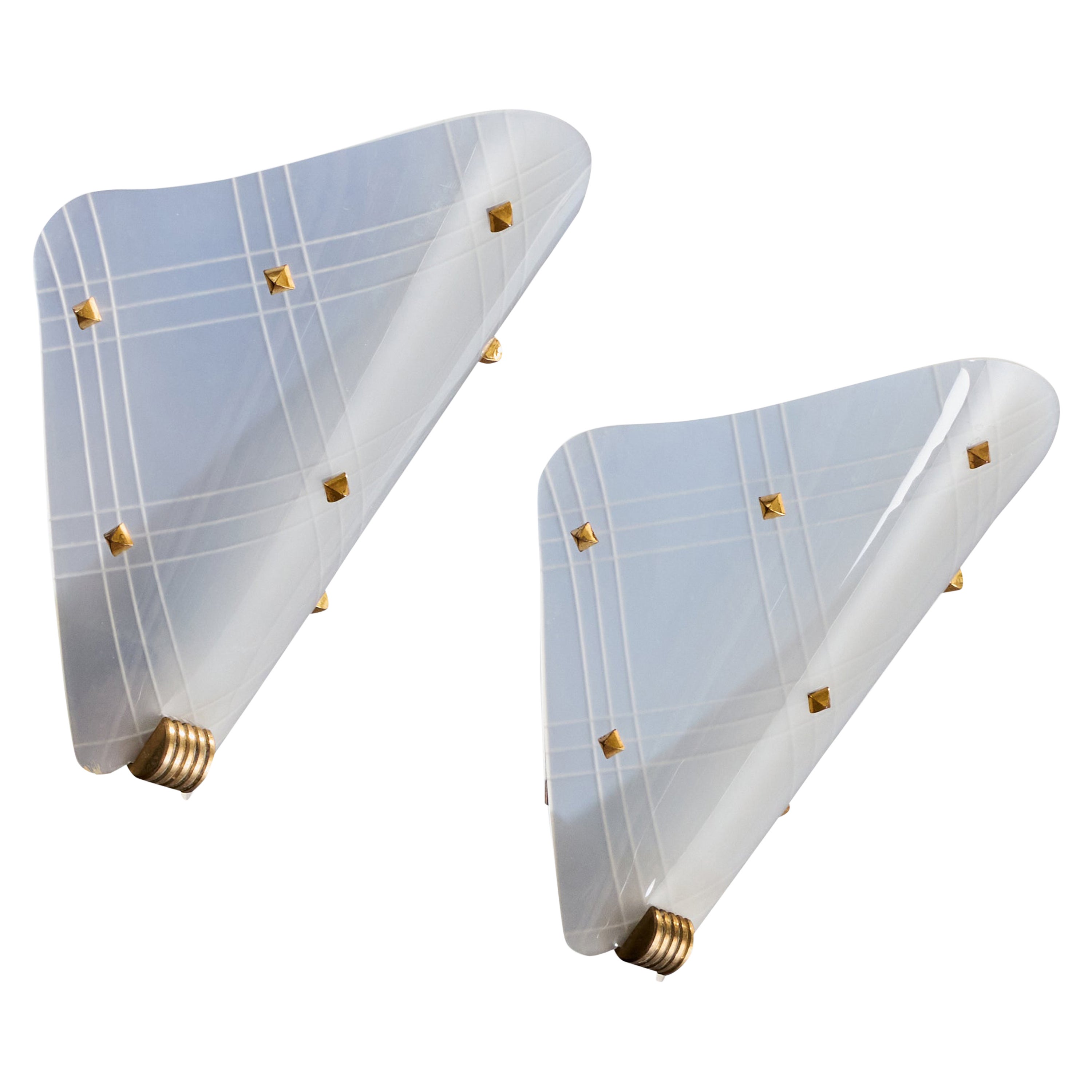 French Designer, Wall Lights, Acrylic, Brass, France, 1950s