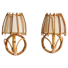 French Designer, Wall Lights, Bamboo, Rattan, Fabric, France, 1970s