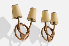 French Designer, Wall Lights, Bamboo, Rattan, Paper, France, 1950s