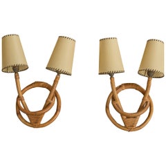 French Designer, Wall Lights, Bamboo, Rattan, Paper, France, 1950s