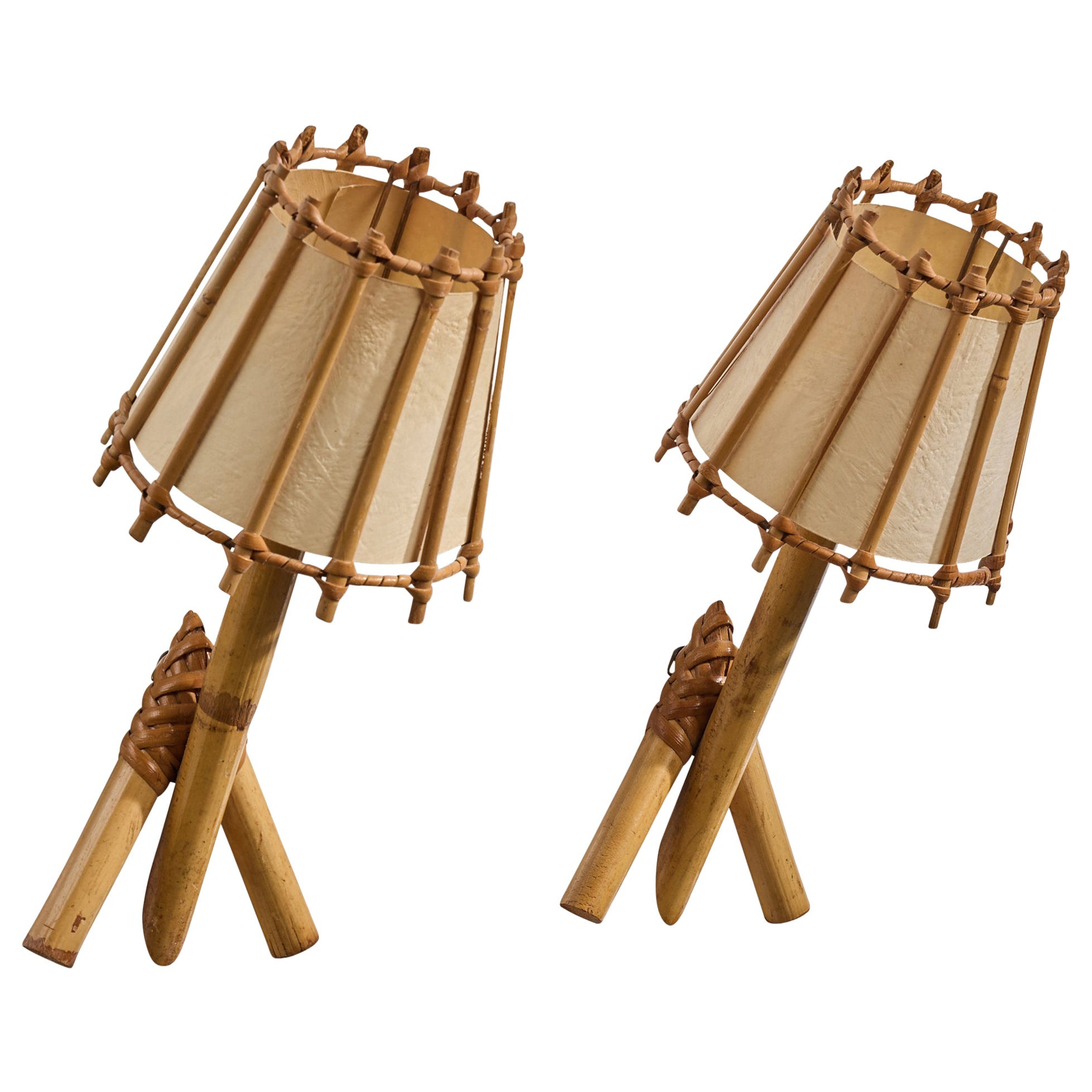 Französischer Designer, Wandleuchten, Bambus, Rattan, Papier, Frankreich, 1970er