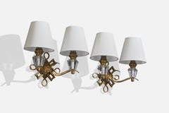 Französischer Designer, Wandleuchten, Messing, Acryl, Stoff, Frankreich, 1950er Jahre