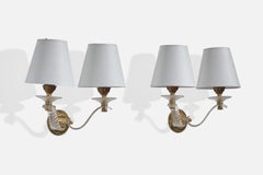 Französischer Designer, Wandleuchten, Messing, Acryl, Stoff, Frankreich, 1950er Jahre