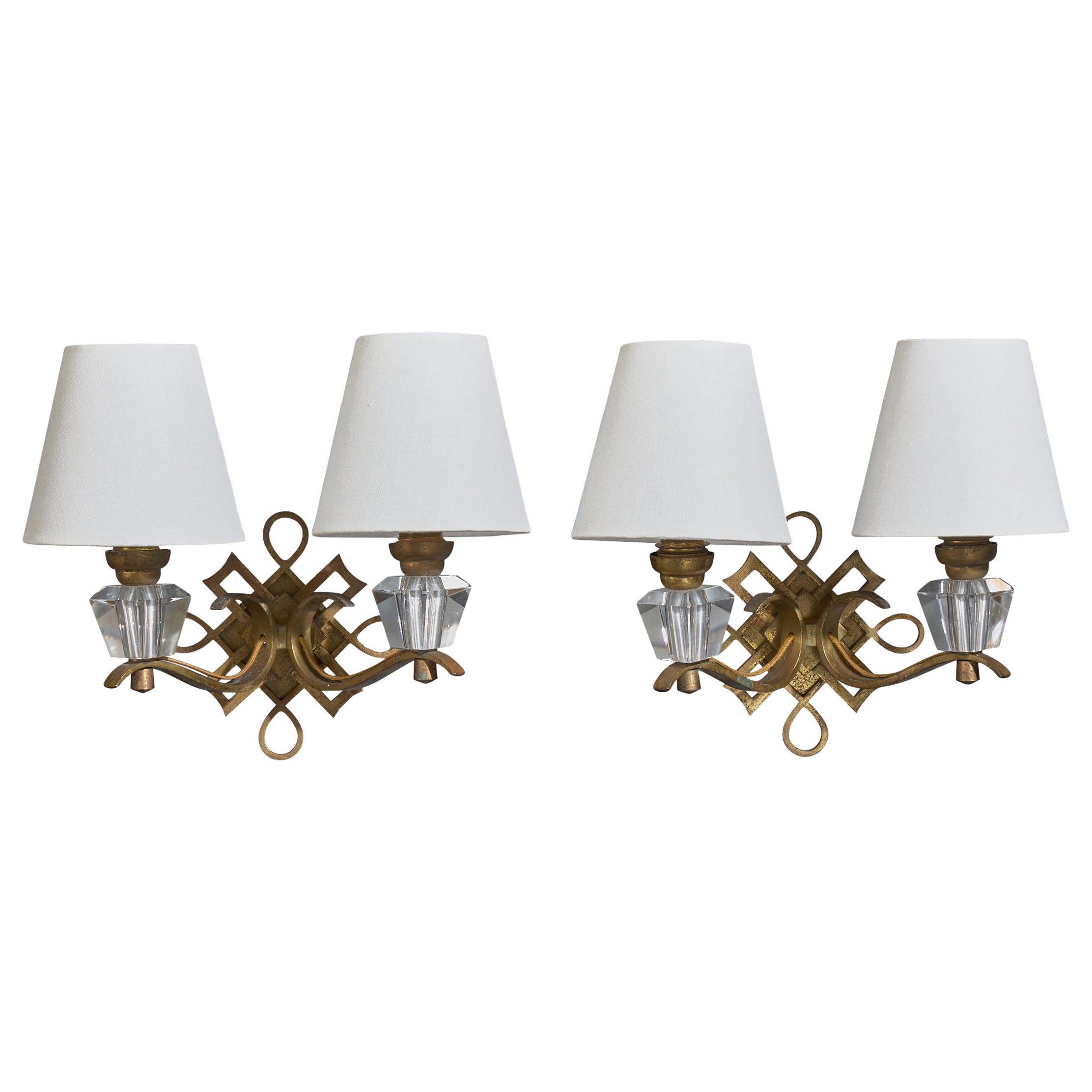 French Designer, Wall Lights, Brass, Acrylic, Fabric, France, 1950s For Sale