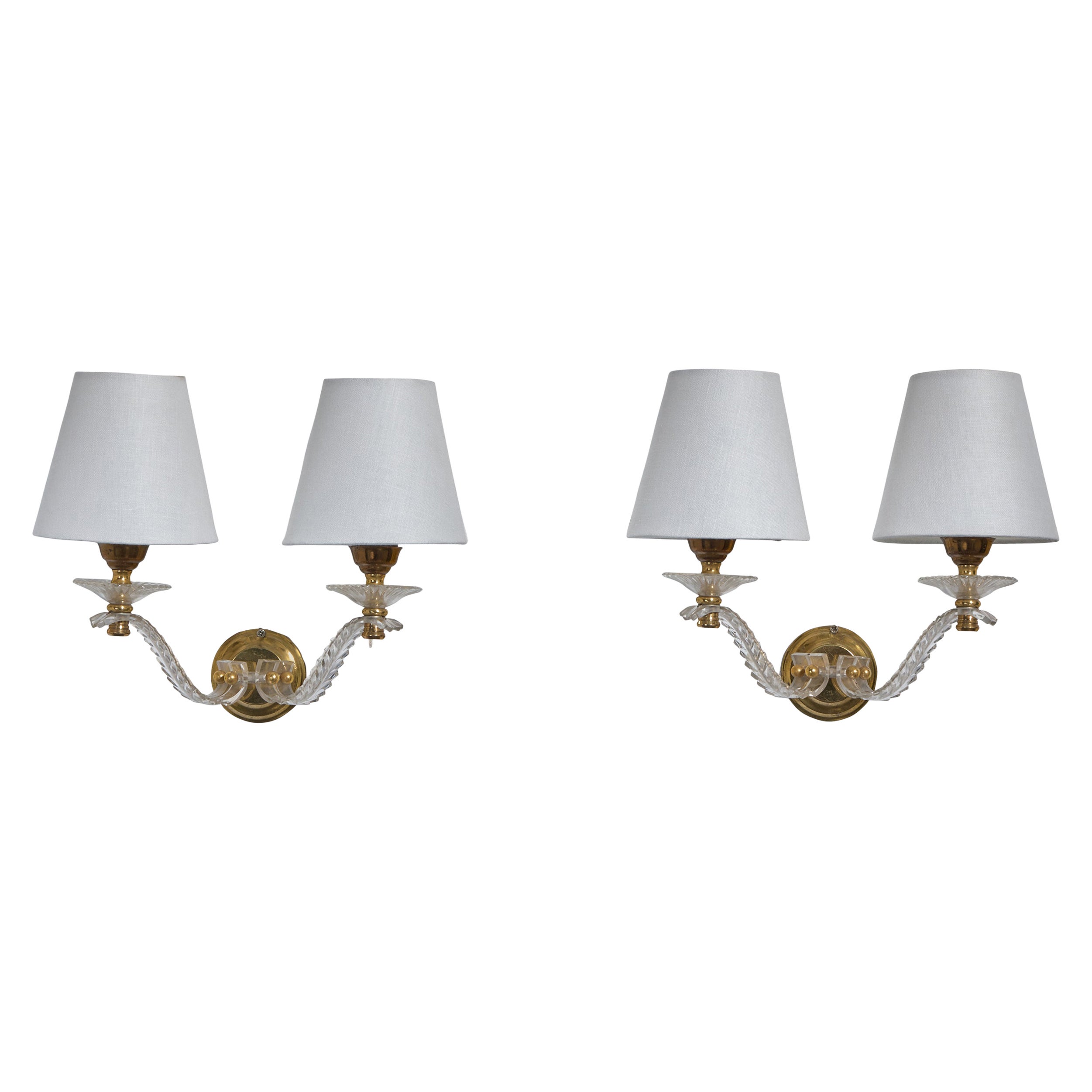French Designer, Wall Lights, Brass, Acrylic, Fabric, France, 1950s
