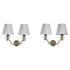 French Designer, Wall Lights, Brass, Acrylic, Fabric, France, 1950s