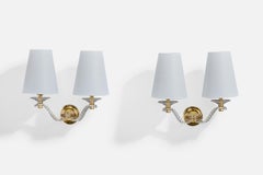 French Designer, Wall Lights, Brass, Acrylic, Fabric, France, 1960s