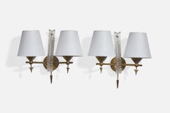 French Designer, Wall Lights, Brass, Acrylic, Fabric, France, 1960s