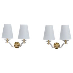 French Designer, Wall Lights, Brass, Acrylic, Fabric, France, 1960s