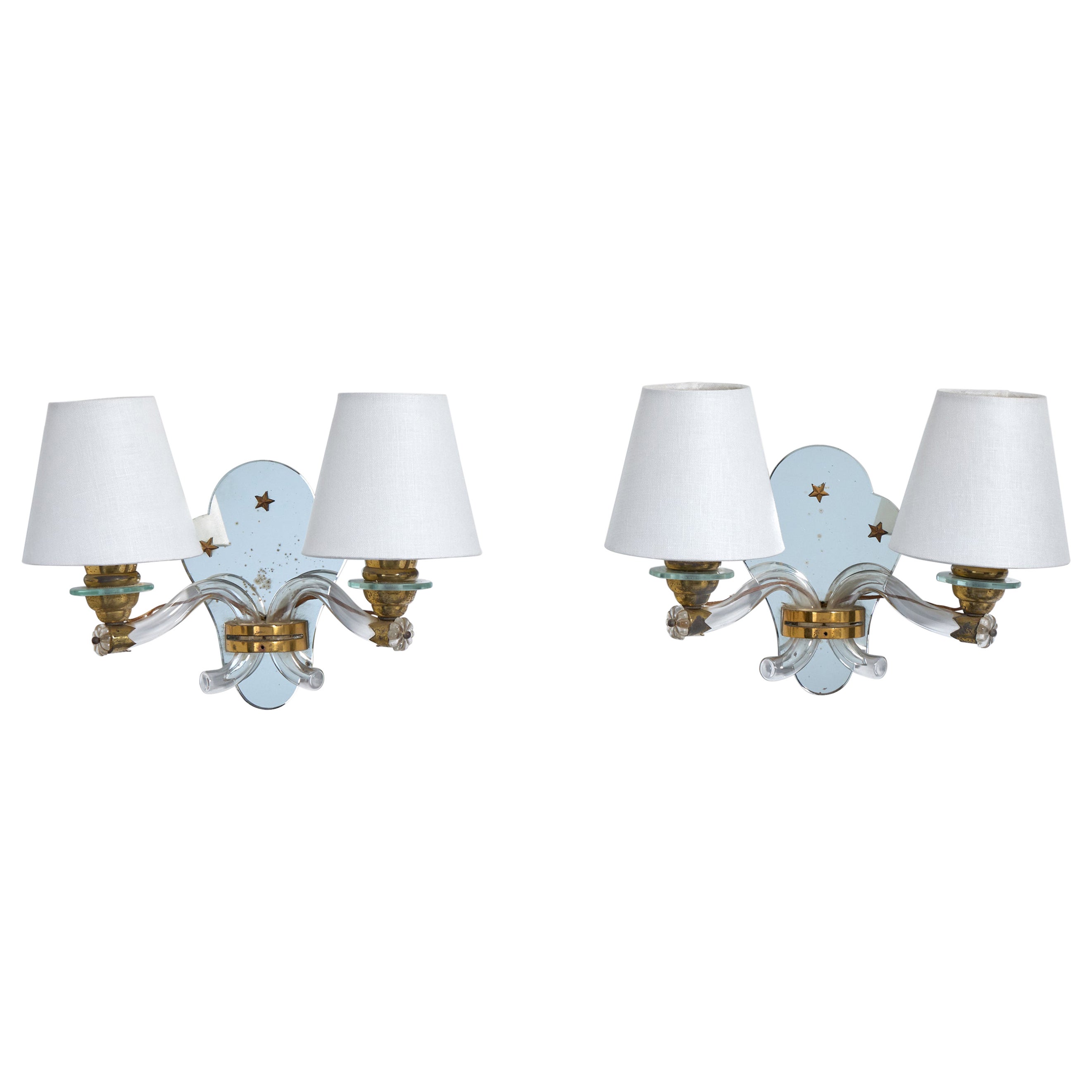 French Designer, Wall Lights, Brass, Acrylic, Mirror, Fabric, France, 1950s