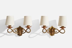 French Designer, Wall Lights, Brass, Copper, Fabric, France, 1940s