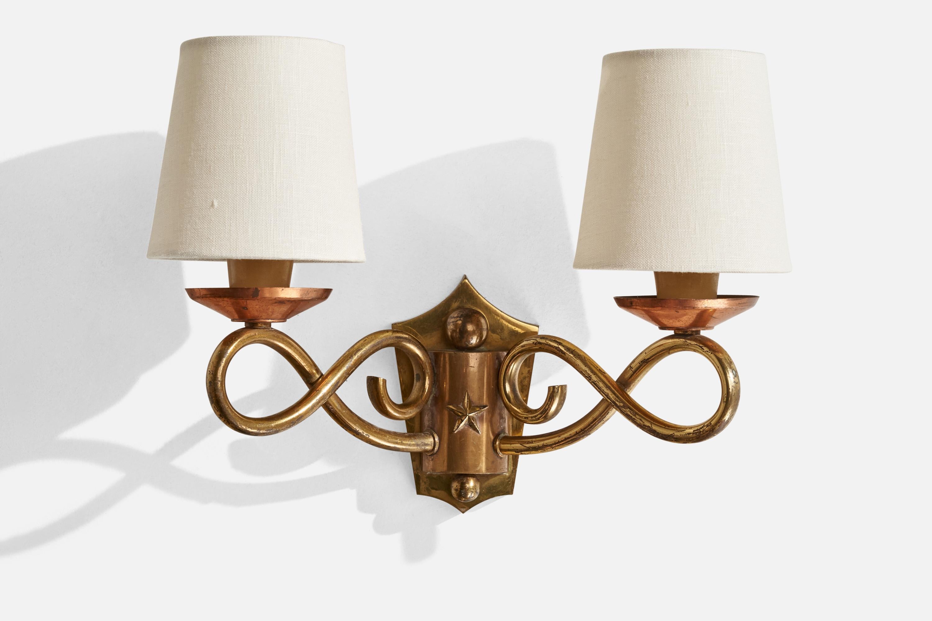 Mid-20th Century French Designer, Wall Lights, Brass, Copper, Fabric, France, 1940s For Sale