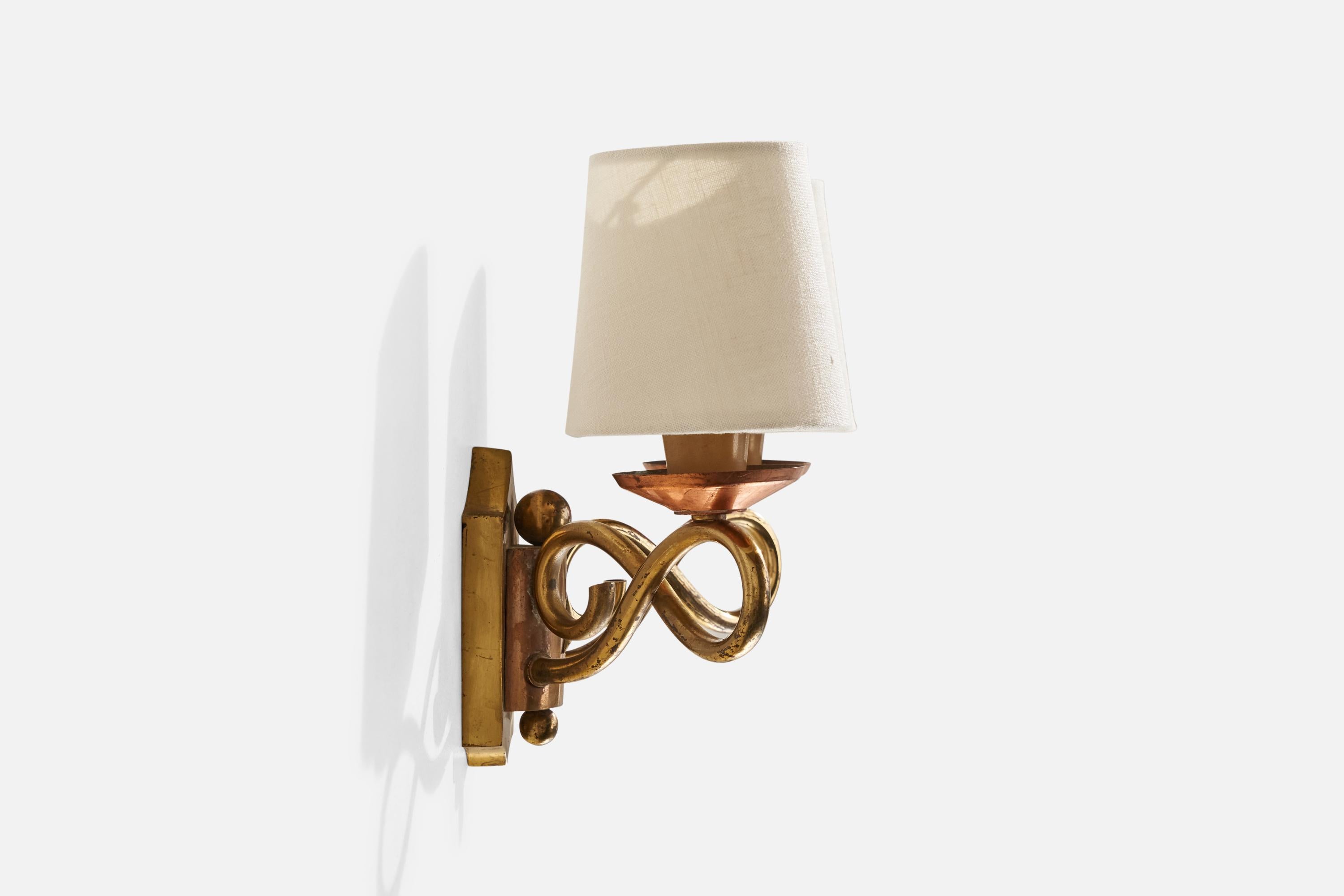 French Designer, Wall Lights, Brass, Copper, Fabric, France, 1940s For Sale 1