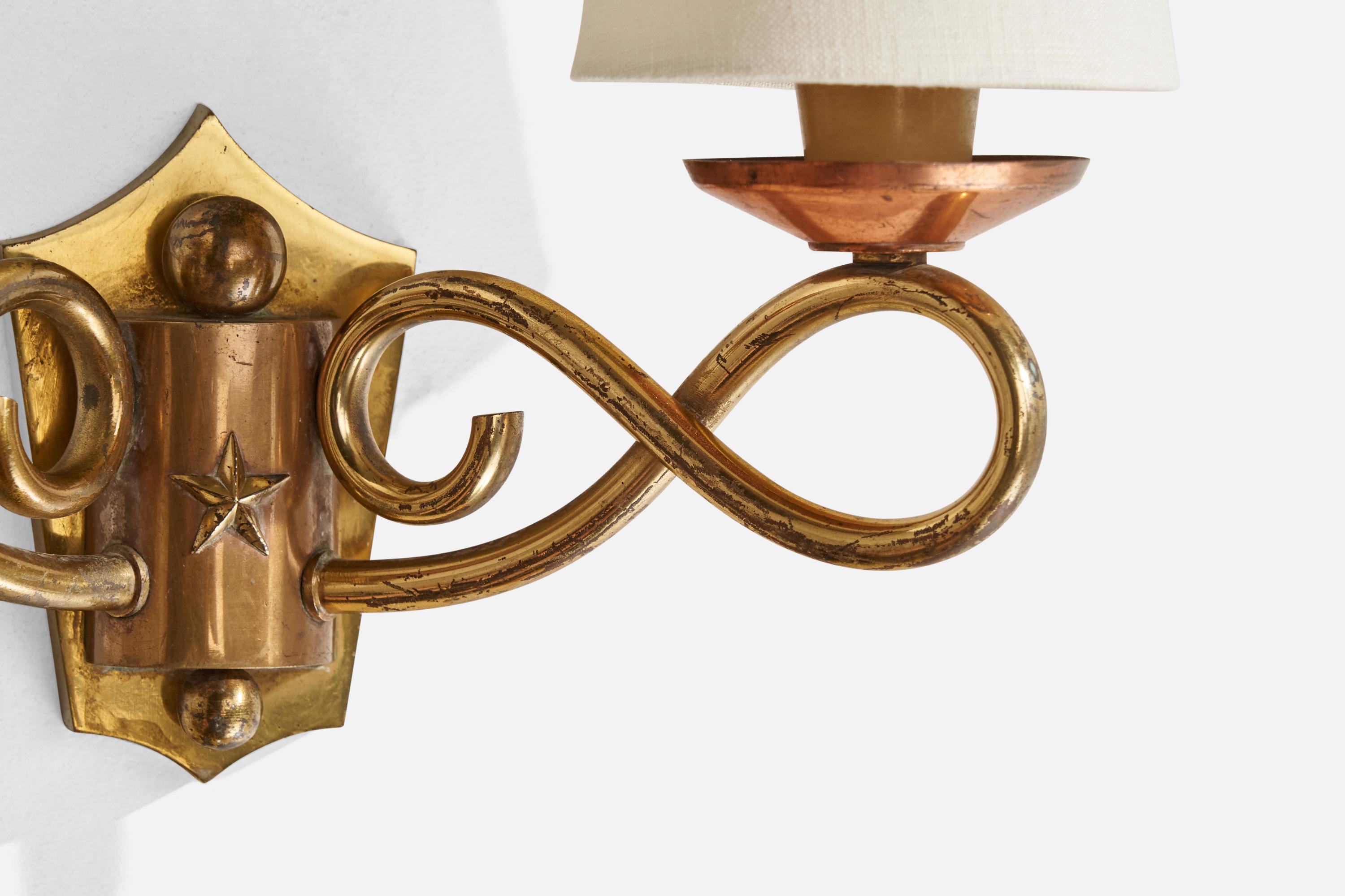 French Designer, Wall Lights, Brass, Copper, Fabric, France, 1940s For Sale 2