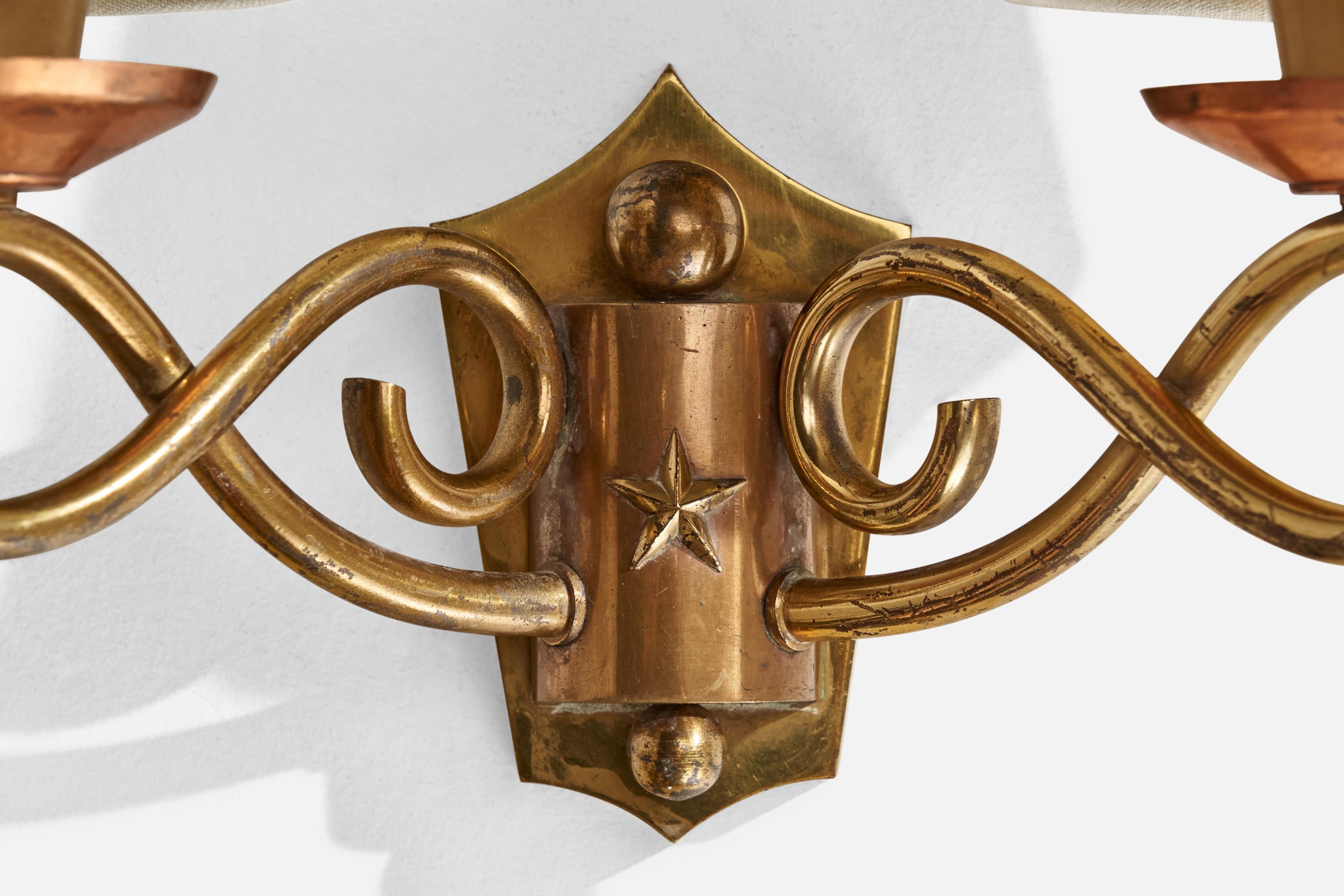 French Designer, Wall Lights, Brass, Copper, Fabric, France, 1940s For Sale 3