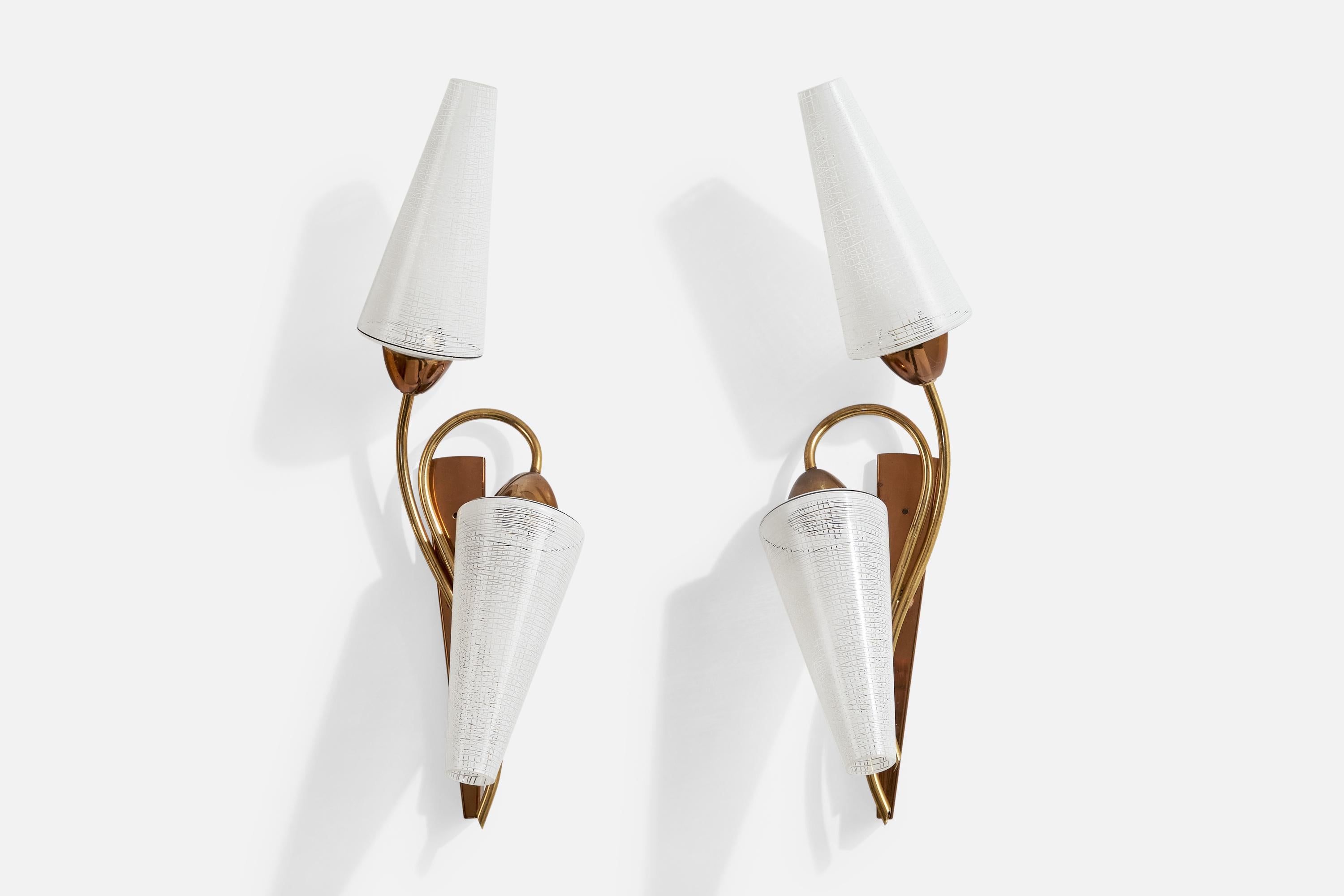 A pair of brass, copper and etched white glass wall lights designed and produced in France, c. 1950s.

Overall Dimensions (Inches): 19” H x 5.5” W x 5“ D

Back Plate Dimensions (Inches): 9.5” H x 1.625“ W x 1” D

Bulb Specifications: Bayonet

Number