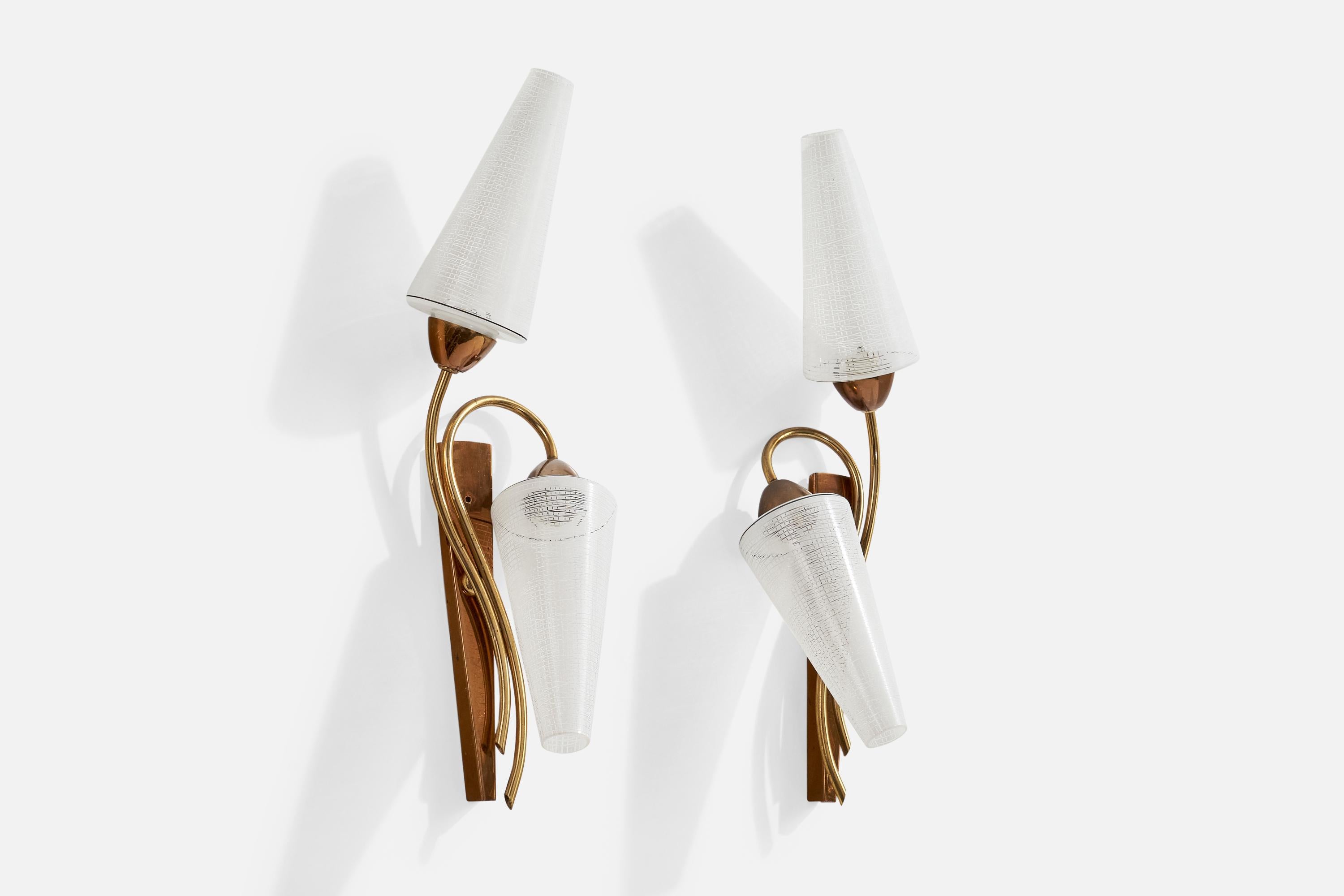 Mid-Century Modern French Designer, Wall Lights, Brass, Copper, Glass, France, 1950s For Sale