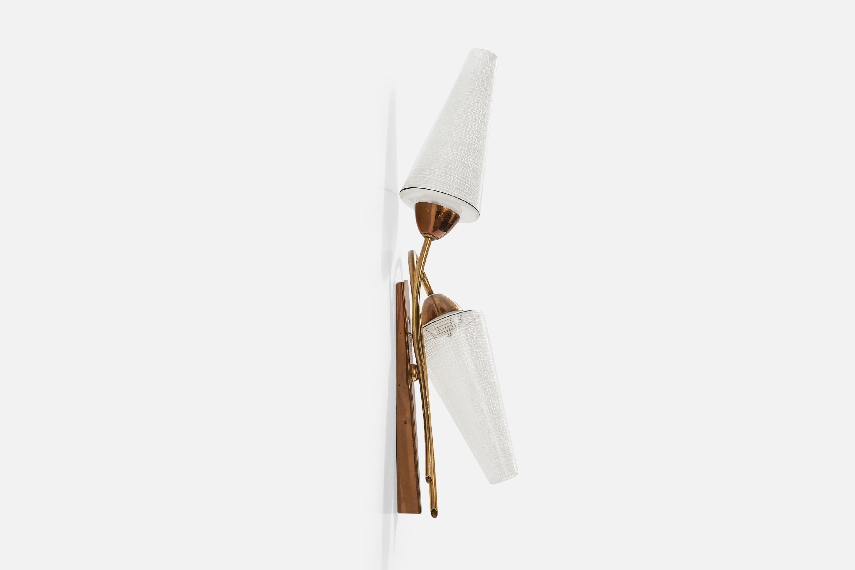 Mid-20th Century French Designer, Wall Lights, Brass, Copper, Glass, France, 1950s For Sale