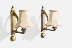 French Designer, Wall Lights, Brass, Fabric, France, 1930s