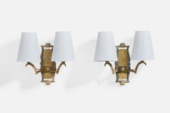 French Designer, Wall Lights, Brass, Fabric, France, 1930s