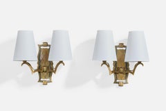 French Designer, Wall Lights, Brass, Fabric, France, 1930s