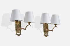 French Designer, Wall Lights, Brass, Fabric, France, 1930s