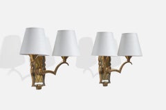 French Designer, Wall Lights, Brass, Fabric, France, 1930s