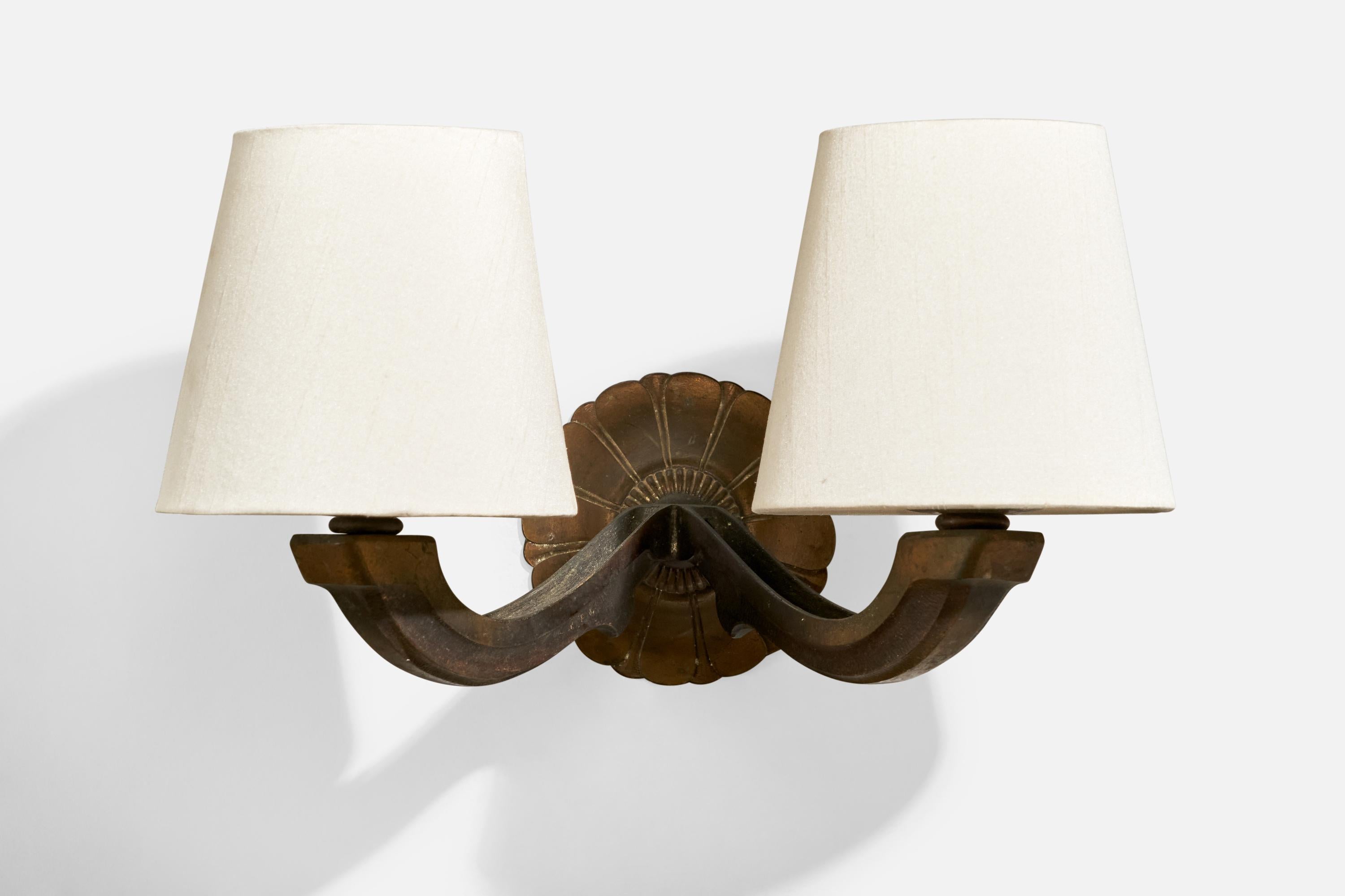 Mid-20th Century French Designer, Wall Lights, Brass, Fabric, France, 1930s
