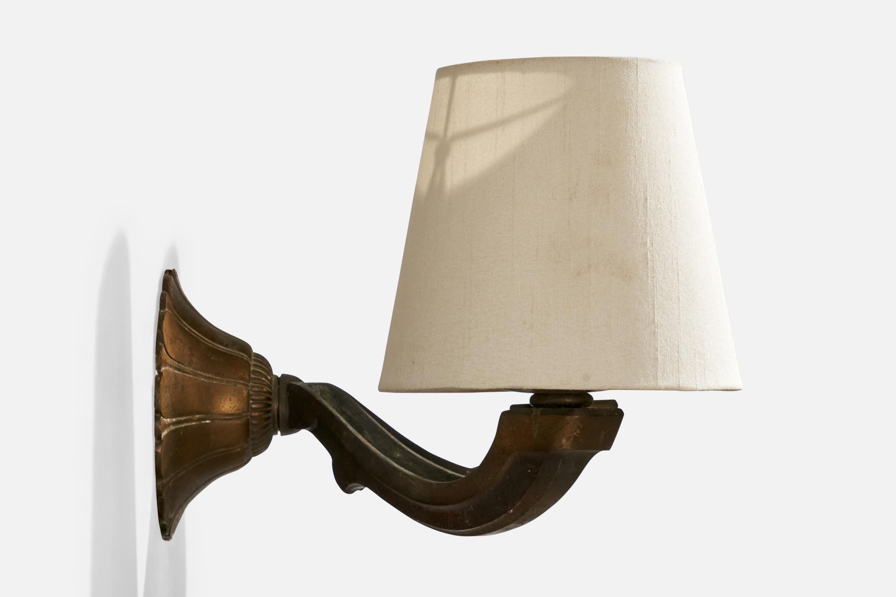 French Designer, Wall Lights, Brass, Fabric, France, 1930s 1