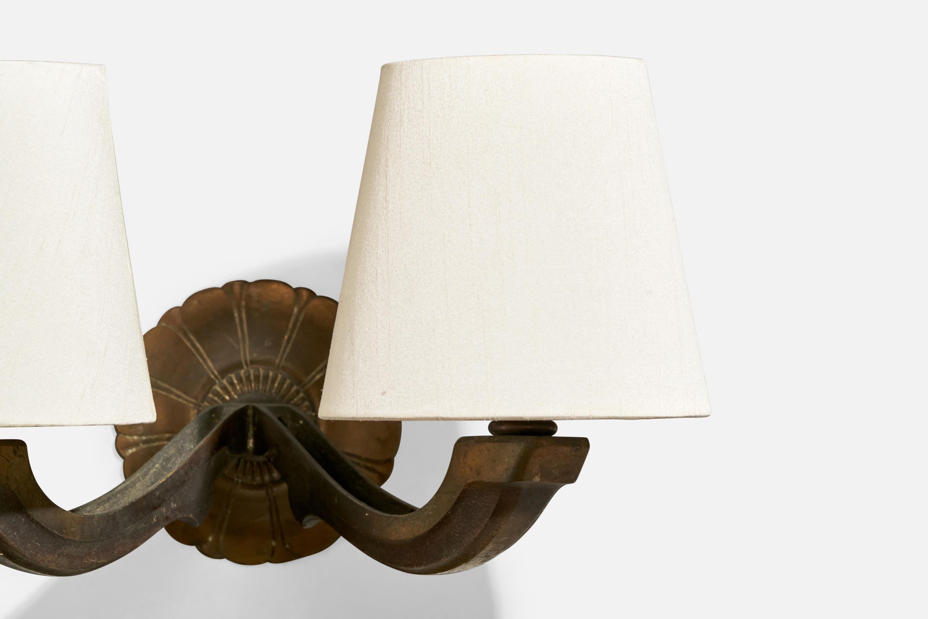 French Designer, Wall Lights, Brass, Fabric, France, 1930s 2