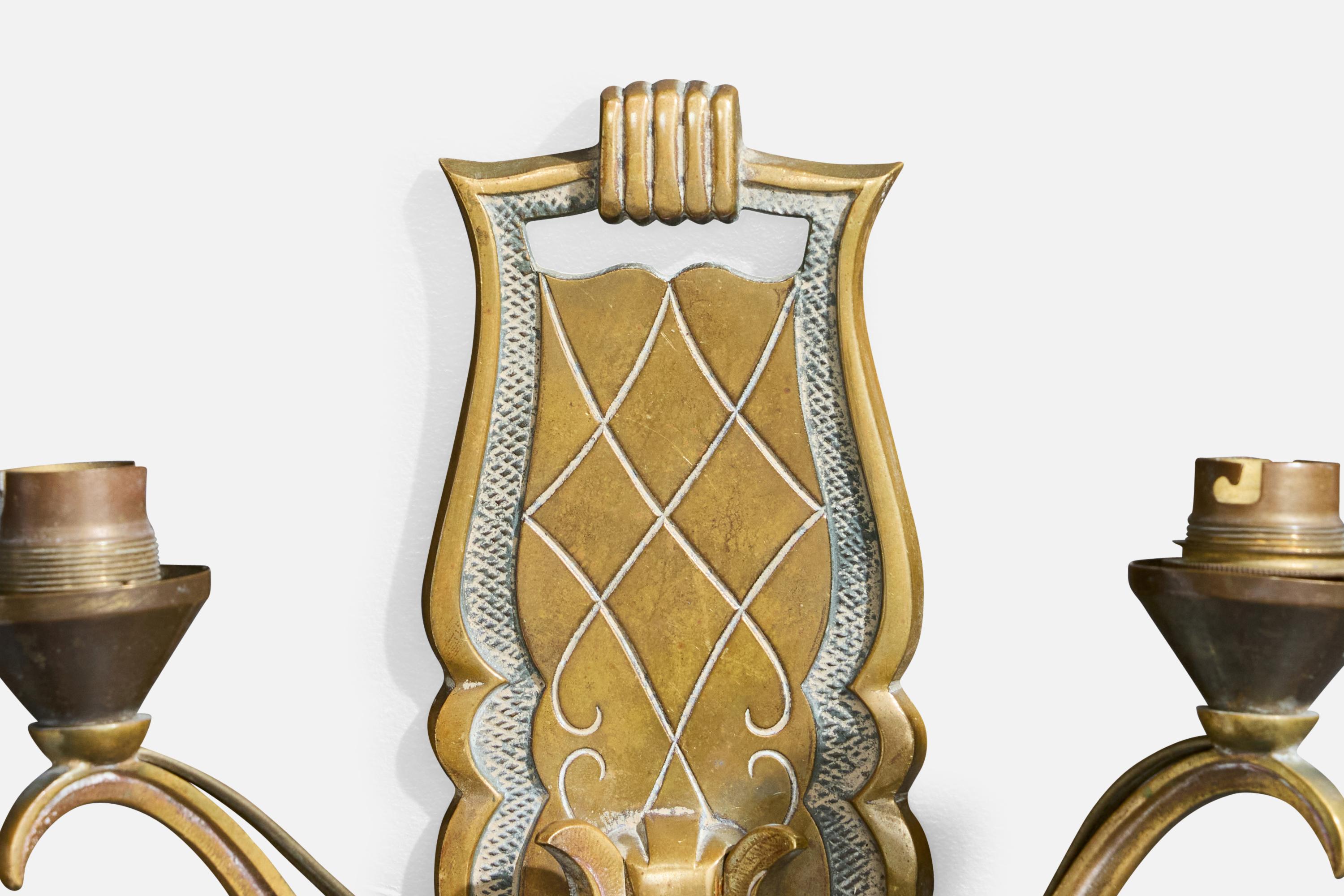 Designer francese, lampade da parete, ottone, tessuto, Francia, anni '1930 in vendita 1