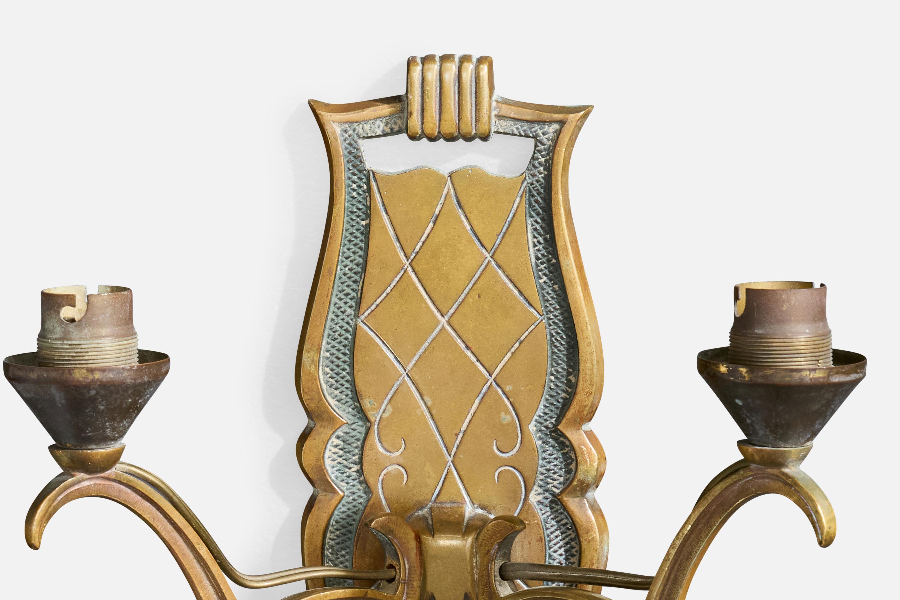 Designer francese, lampade da parete, ottone, tessuto, Francia, anni '1930 in vendita 1