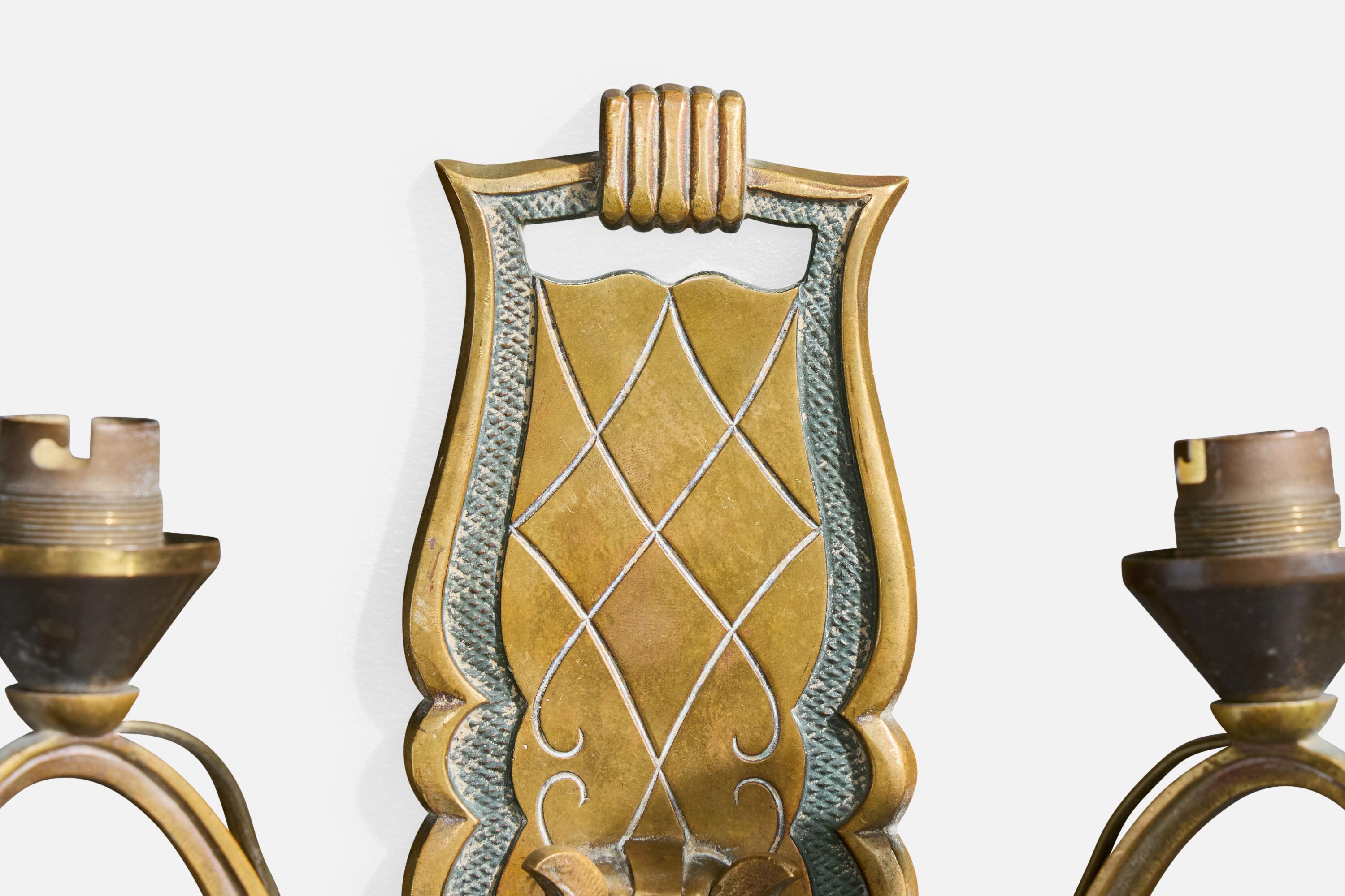 Designer francese, lampade da parete, ottone, tessuto, Francia, anni '1930 in vendita 1