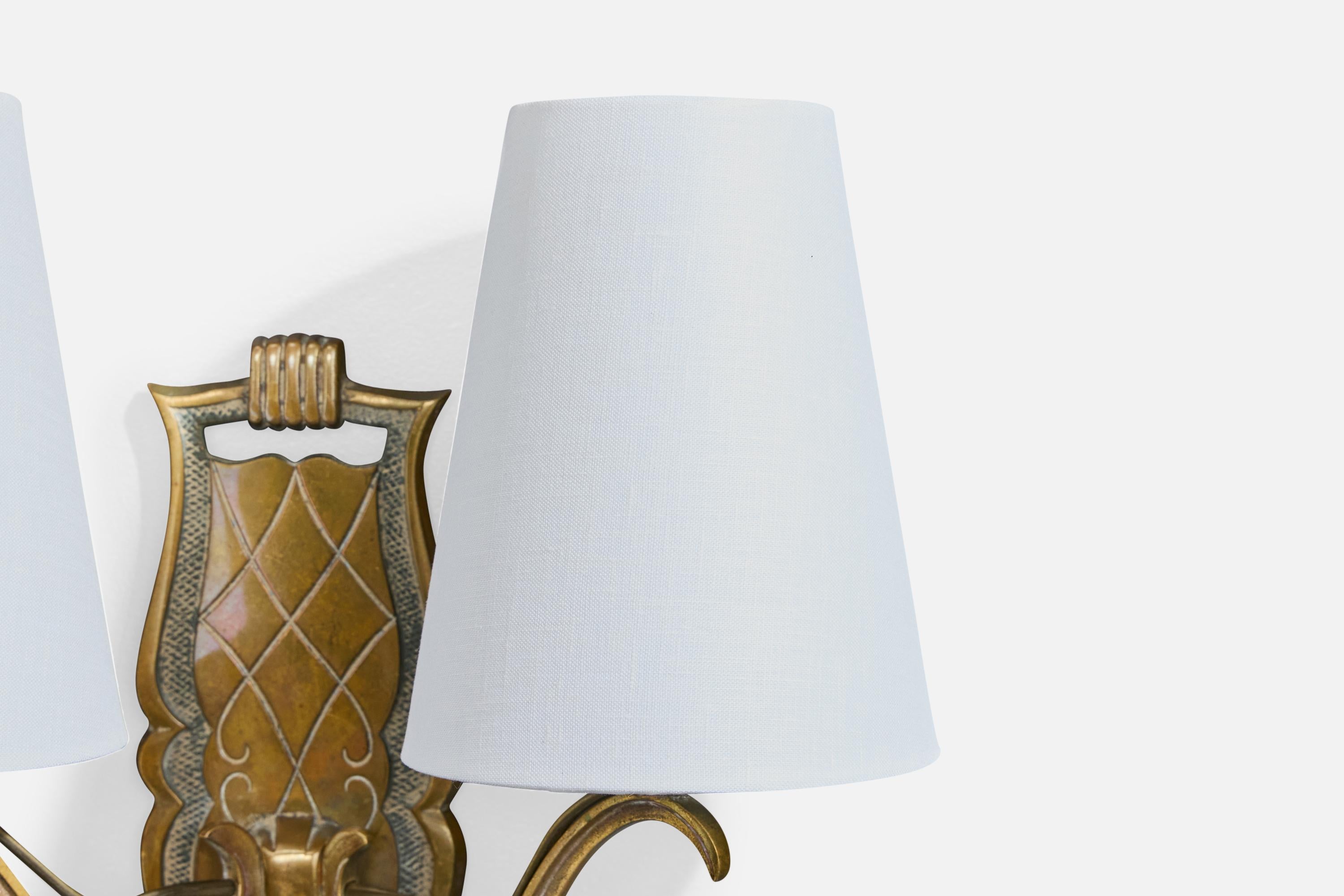 Designer francese, lampade da parete, ottone, tessuto, Francia, anni '1930 in vendita 2