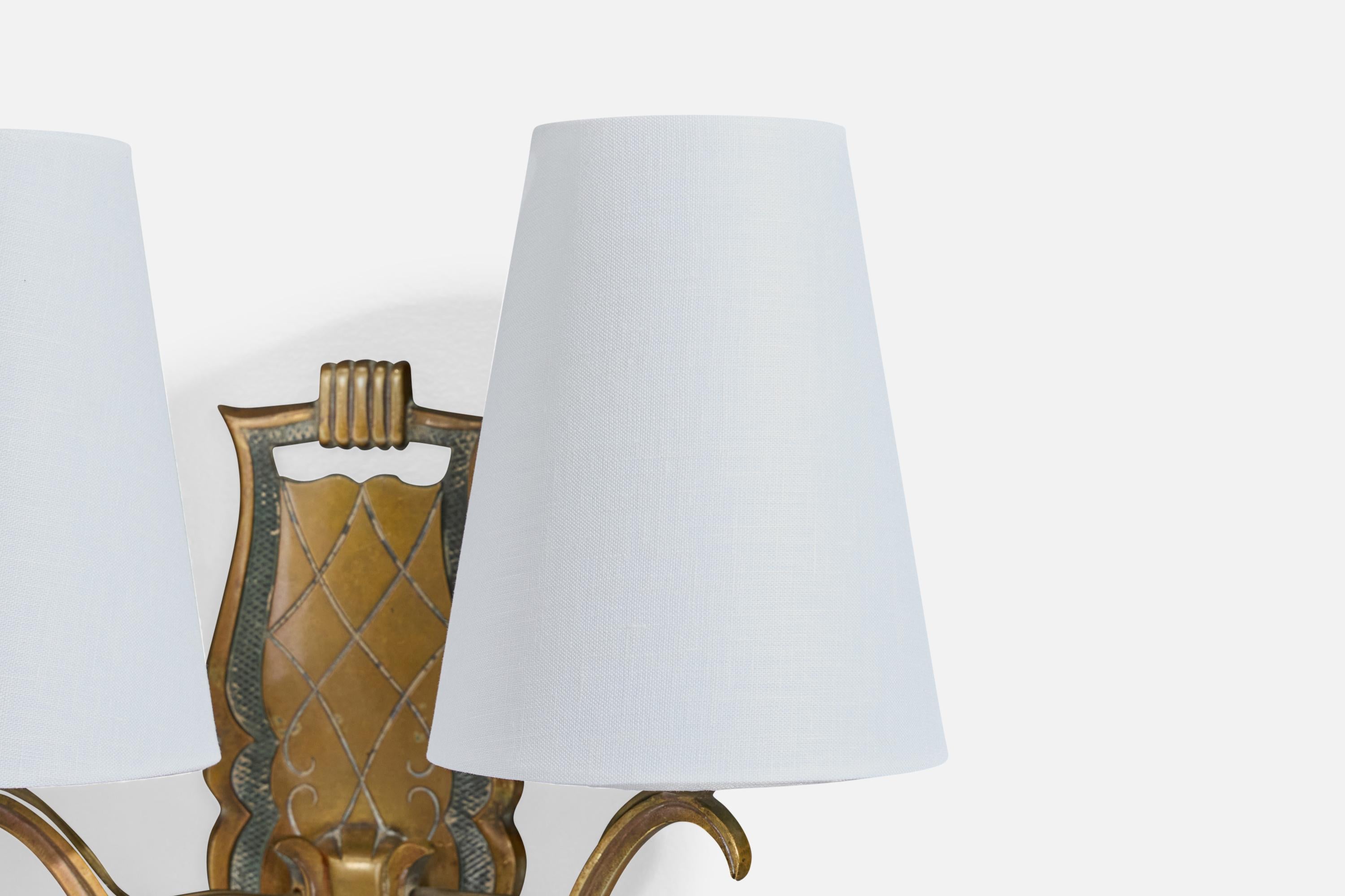 Designer francese, lampade da parete, ottone, tessuto, Francia, anni '1930 in vendita 2