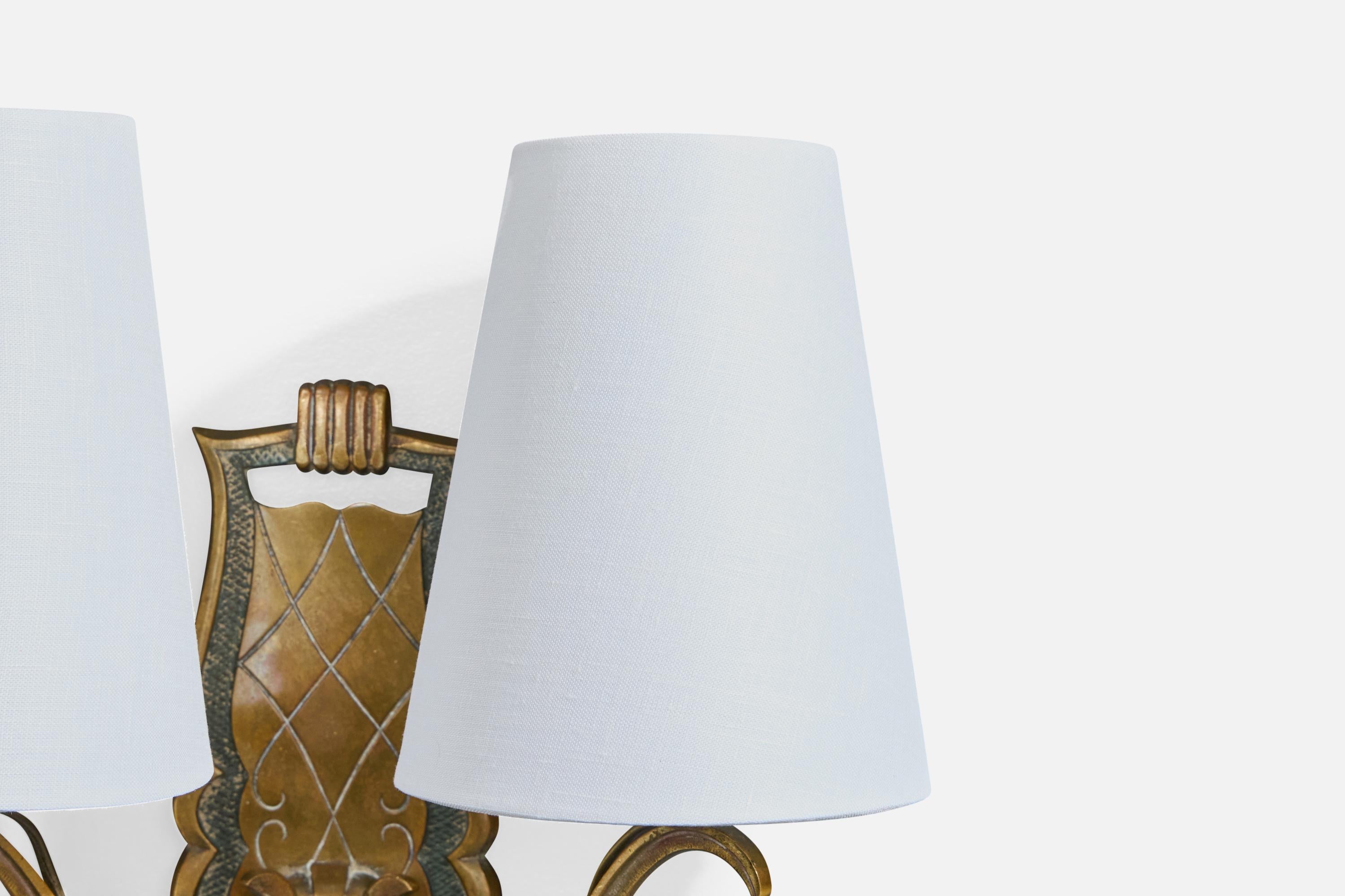 Designer francese, lampade da parete, ottone, tessuto, Francia, anni '1930 in vendita 2