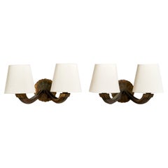 French Designer, Wall Lights, Brass, Fabric, France, 1930s